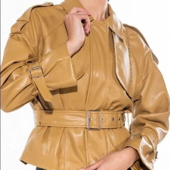 New Azalea Wang Caramel Faux Leather Pleather Jacket Size Small - Picture 5 of 5